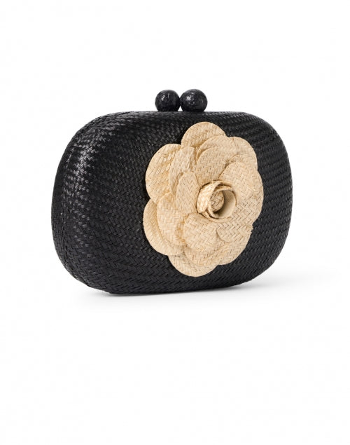 Stylish Olive Black Woven Buntal Minaudiere with Sand Camellia Decoration