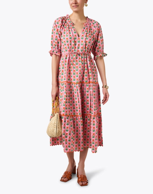 Calypso Pink Hand - Block Printed Floral Midi Dress with Ruffle Collar