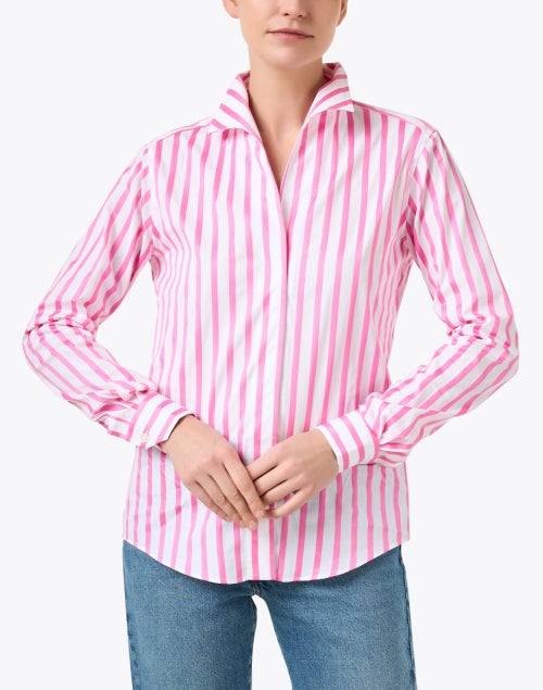 Pink and White Striped Women's Cotton Dress Shirt