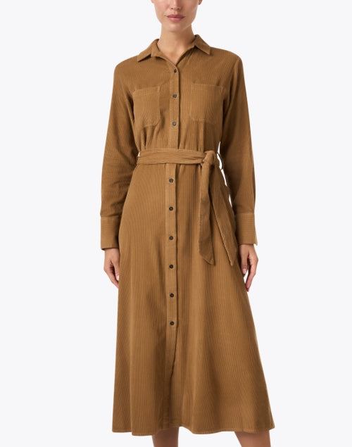 Stylish Camel Corduroy A - Line Shirt Dress with Adjustable Belt