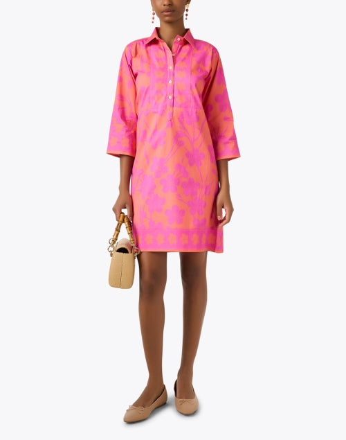 Stylish Pink and Orange Floral Stretch Cotton Shirt Dress