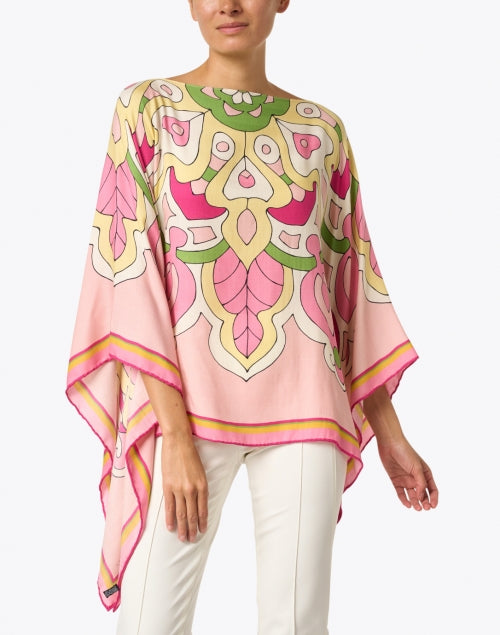 Stylish Savoia Pink Patterned Cashmere-Silk-Merino Wool Poncho for Women