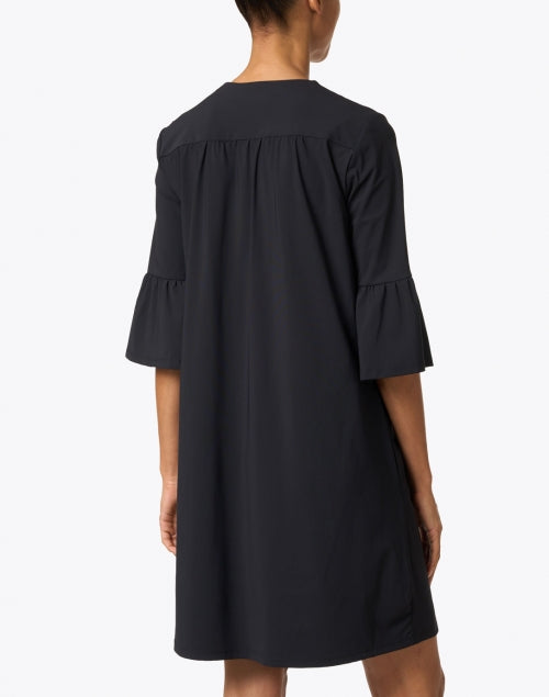 Stylish American-Made Black Ruffled Dress with V-Neck and Bell Sleeves