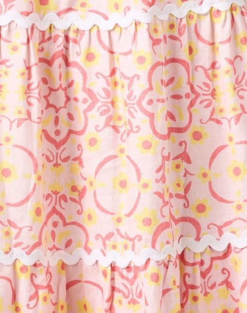 Sail to Sable Pink Medallion Patterned Ric Rac Trimmed Linen Blend Tiered Dress