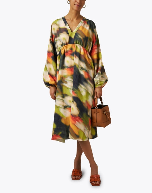 Veroma Abstract Multicolor Print Voluminous Drawstring Waist Dress