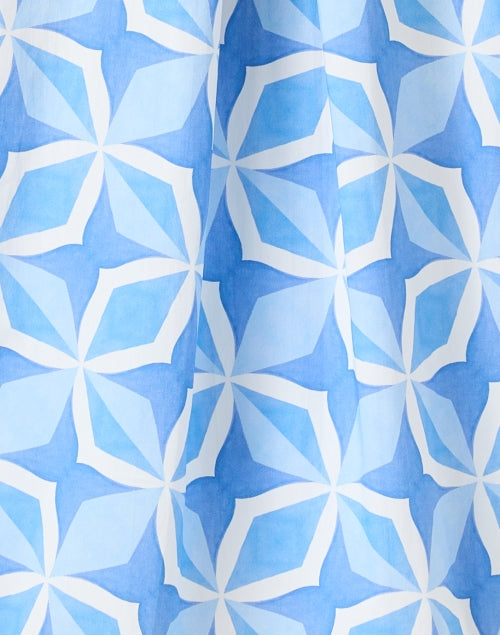 Blue and White Geometric Patterned Stretch Cotton Women's Blouse for Warm Weather