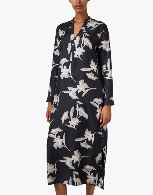 Elegant Black Floral Printed Silk Women's Dress