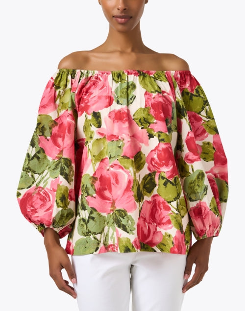 Stylish Floral-Printed Elastic-Neck Cotton Top by Frances Valentine