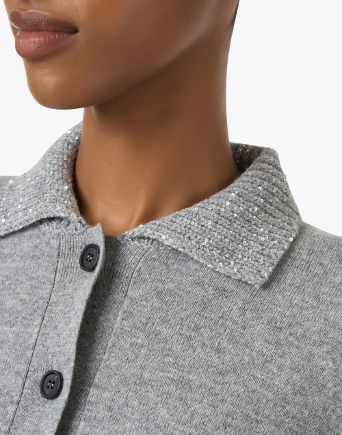 Stylish Platinum Grey Wool Blend Knit Women's Top with Sparkle Collar