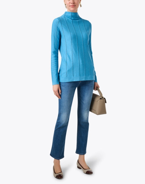 Stylish Blue Striped Women's Knit Funnel Neck Top