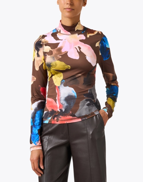 Stylish Brown Abstract Print Slim-Fit Jersey Top