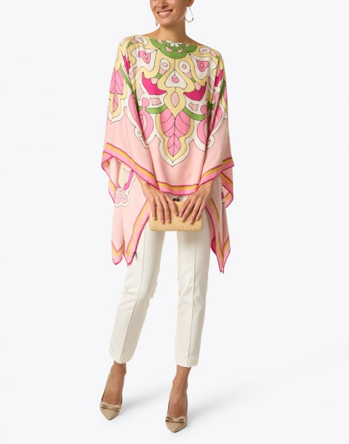 Stylish Savoia Pink Patterned Cashmere-Silk-Merino Wool Poncho for Women