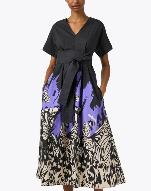 Stylish Solid Black Bodice with Vibrant Butterfly Print Midi Dress