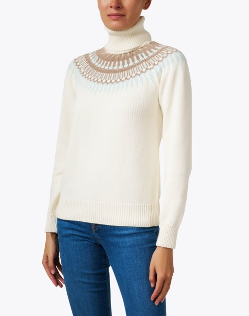 Stylish Helsinki White Turtleneck Sweater with Multi - Print Design