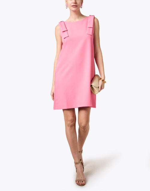 Stylish Pink Shift Dress with Shoulder Bows and High Boat Neckline