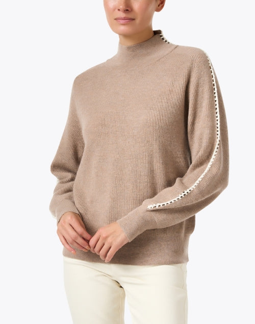 Stylish Taupe Wool - Cashmere Sweater with Sleeve Stripe Details