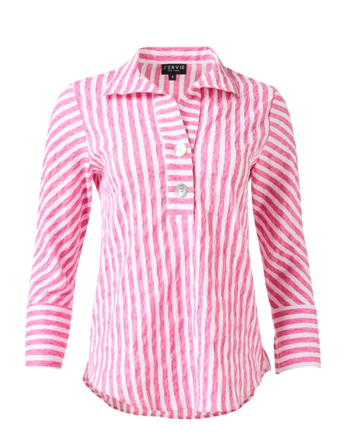 Stylish Pink and White Striped Stretch Cotton Blend Blouse