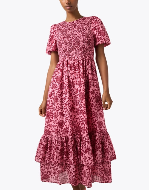 Banjanan 100% Cotton Pink Floral Print Maxi Dress with Smocked Bodice