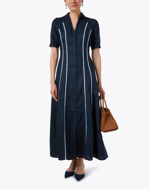 Stylish Light Blue Piped 100% Linen Maxi A-Line Navy Shirt Dress