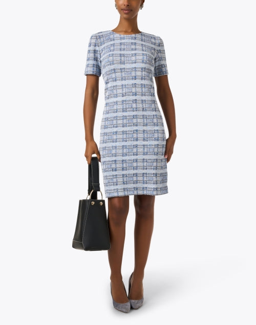 Amina Rubinacci's Stunning Blue Plaid Printed Mini Shift Dress