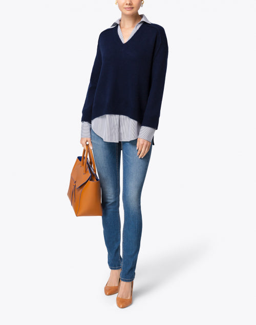 Stylish Navy Cashmere Blend Sweater with Striped Underlayer Design