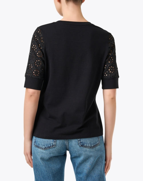 E.L.I. Women's Black Stretch Cotton Eyelet Lace Sleeve Casual Top