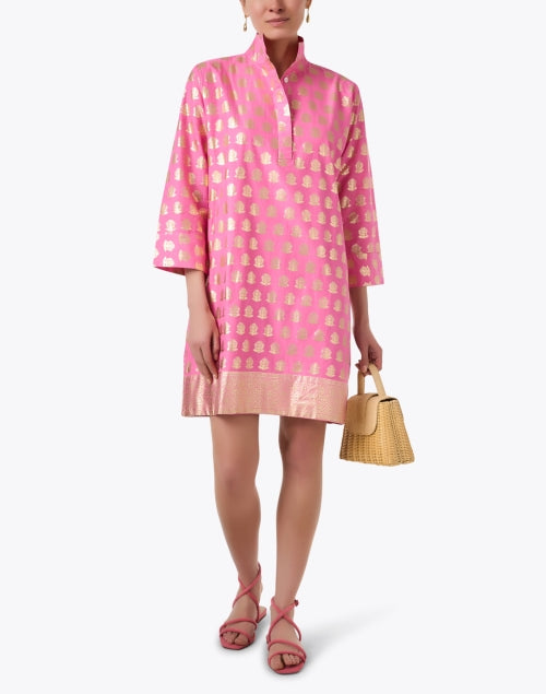 Stylish Helen Pink and Golden Print Women's Cotton Summer Dress