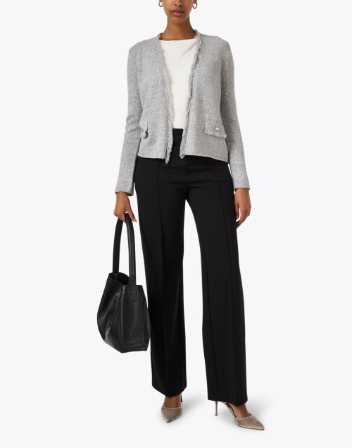 Stylish Rivalta Grey Wool - Silk Blend V - Neck Fringe Trim Cardigan
