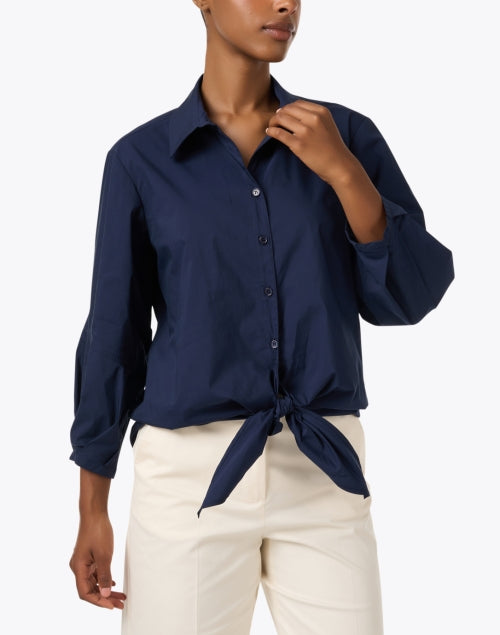 Navy Emmy Tie-Front Women's Button-Front Blouse Shirt
