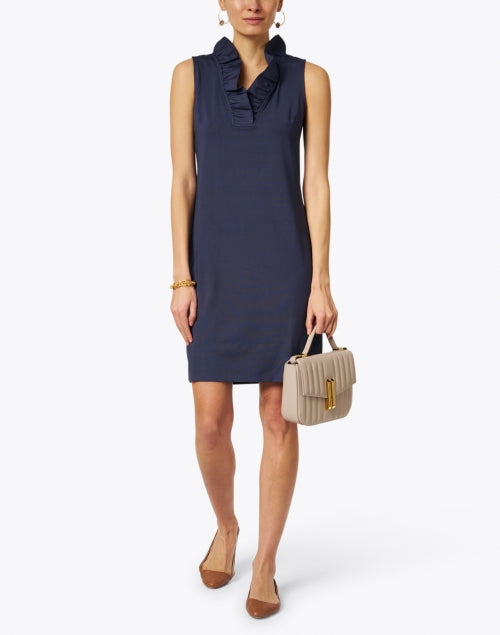 Navy Sleeveless Dress with Ruffled Neck for Warm Weather