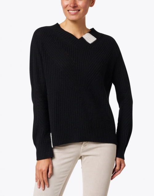 Stylish Fall Cashmere Sweater in Black with Ivory Detailing