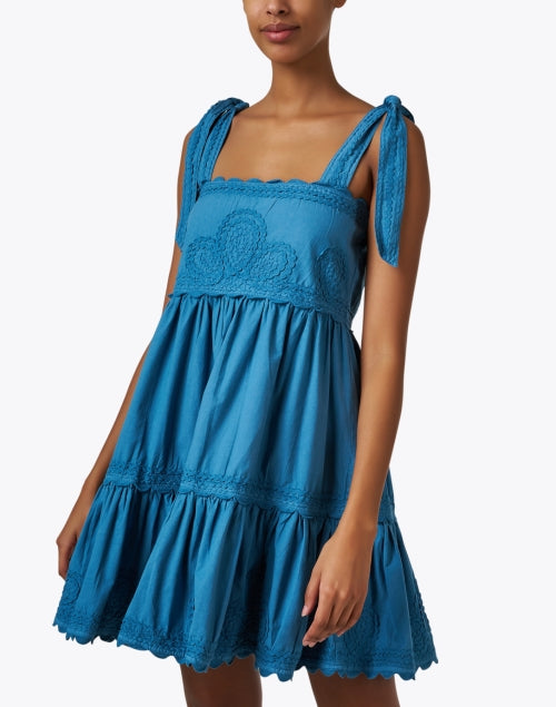 Stylish Blue Embroidered Cotton Mini Dress for Resort Wear