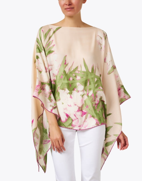 Pink Floral Patterned Luxury Cashmere Silk Women's Poncho Shawl