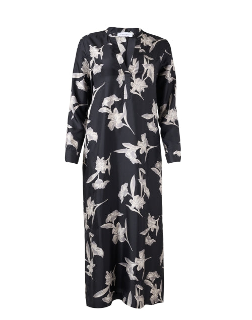 Elegant Black Floral Printed Silk Women's Dress