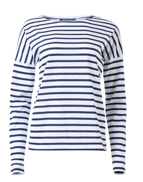 Minq Relaxed-Fit Long Sleeve White and Navy Striped Top
