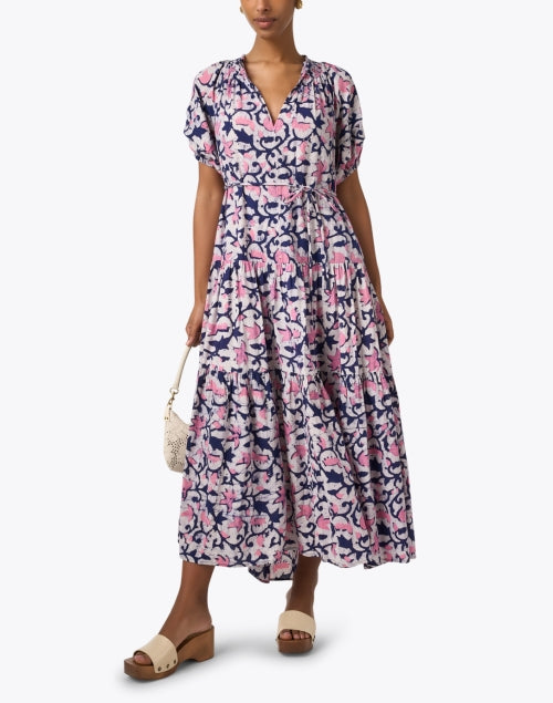 Stylish Uva Navy and Pink Printed Cotton Maxi Dress for Women