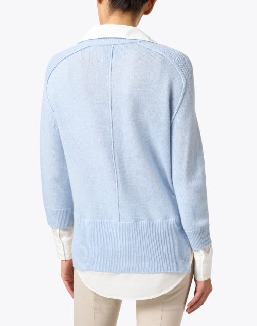Stylish Sky - Blue Cashmere Blend Sweater with White Shirt Detailing