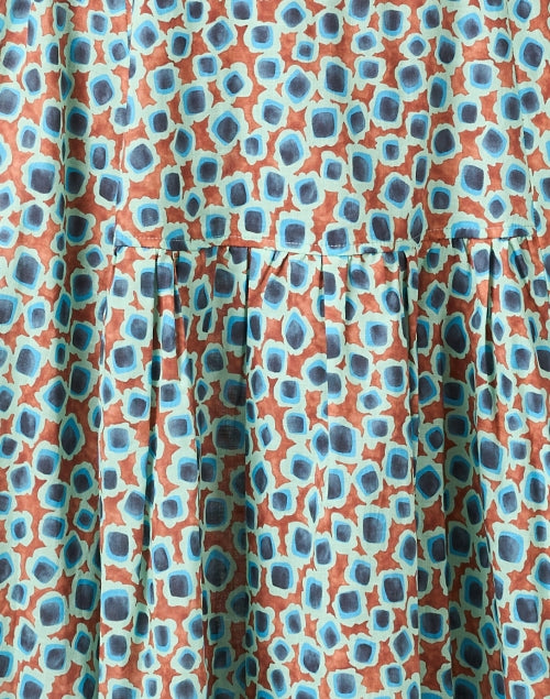 Stylish Blue and Orange Multi - Printed Midi Dress with Self - Tie Belt
