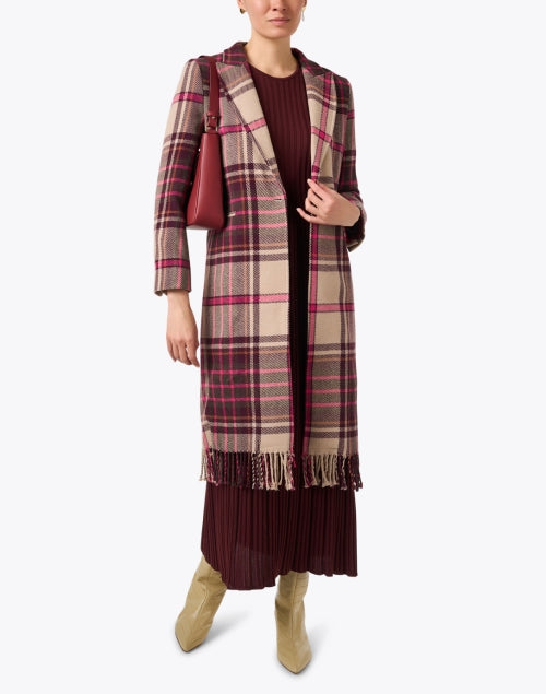 Vilagallo Women's Katherine Pink Multi-Patterned Plaid Longline Wool Blend Fall Coat