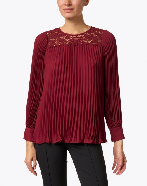 Stylish Bordeaux Long - Sleeved Pleated Lace Blouse