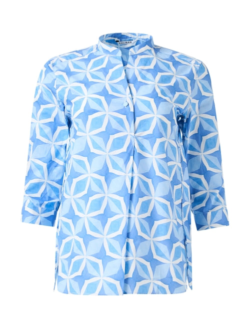 Blue and White Geometric Patterned Stretch Cotton Women's Blouse for Warm Weather