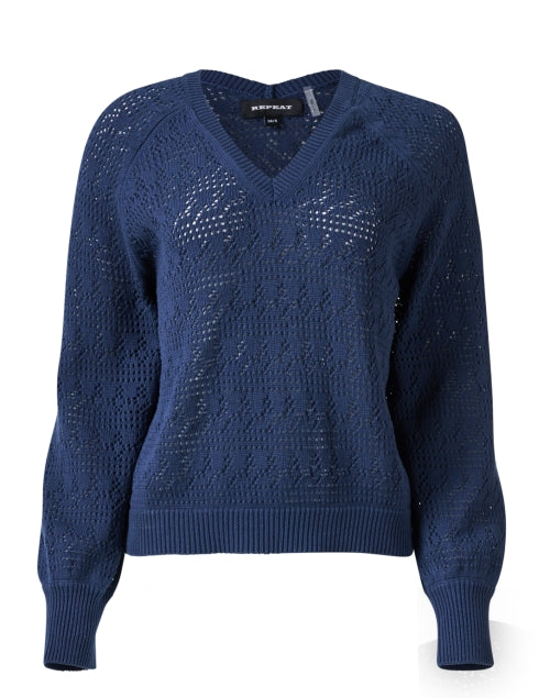 Stylish Navy Cotton Pointelle V-Neck Sweater for Layering