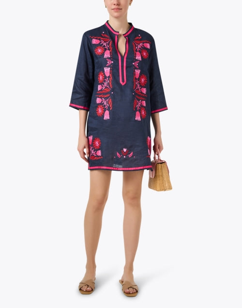 Navy Blue and Rose Pink Embroidered Women's Linen Summer Dress