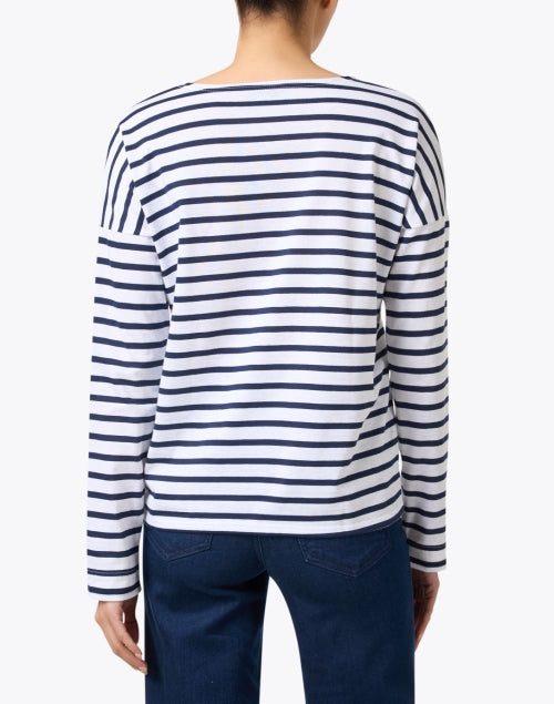 Minq Relaxed-Fit Long Sleeve White and Navy Striped Top