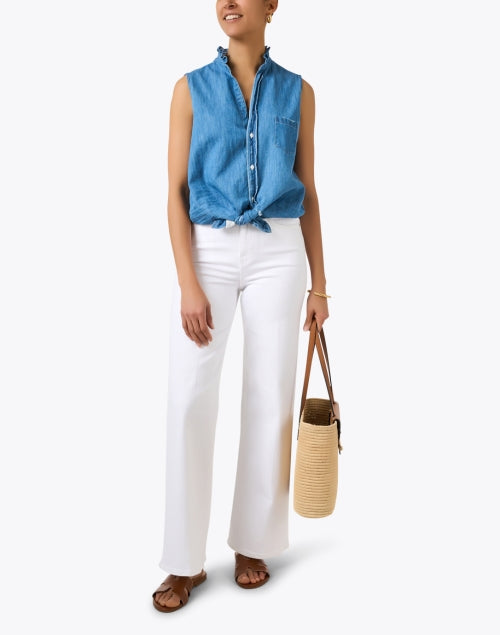 Comfortable Cotton Denim Fiona Sleeveless Blouse with Ruffle Collar