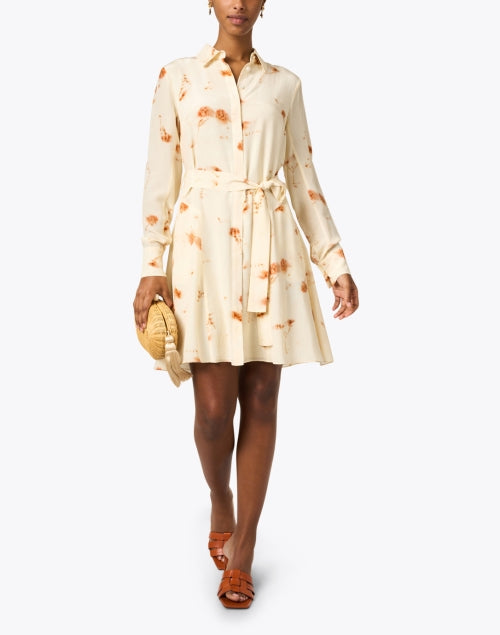 Elegant Orange and Cream Print Silk Shirt Dress for Spring