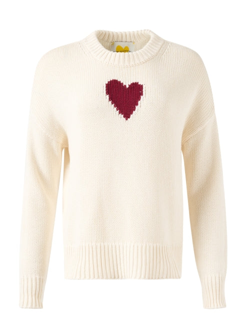 Charming Ivory Cotton Crewneck Sweater with a Sweet Red Heart