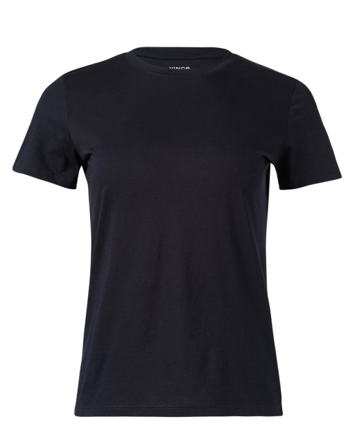 Navy-Colored Pure Cotton Short-Sleeved Crew Neck Hip-Length T-Shirt