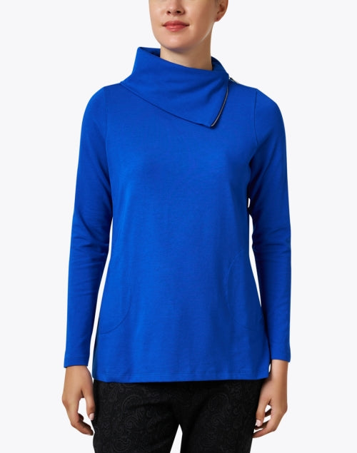 Elegant Blue Pima Cotton Cowl - Zipper Neck Long - Sleeve Tunic