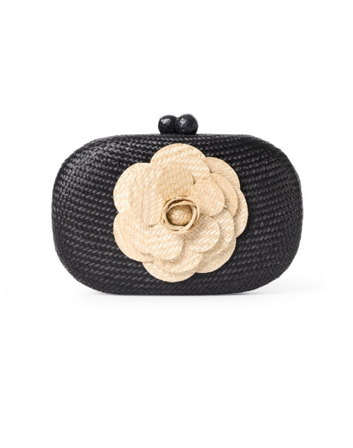 Stylish Olive Black Woven Buntal Minaudiere with Sand Camellia Decoration